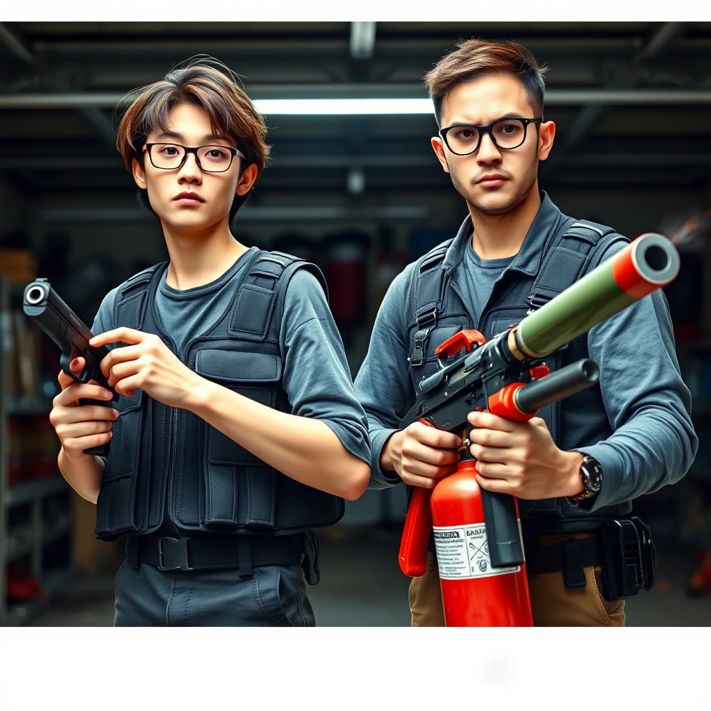 21-year-old white, thin, long-faced young adult Northern Chinese man with a square chin, wearing square glasses and holding a pistol, with medium/long length hair; 21-year-old Caucasian Italian man wearing round glasses and short hair, holding a very large fire extinguisher flamethrower; garage setting; both angry, wearing tactical vests. - Image