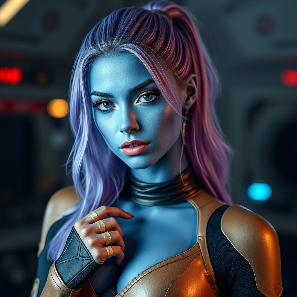 a blue-skinned beautiful woman wearing sci-fi clothing looking seductively at the camera, full body