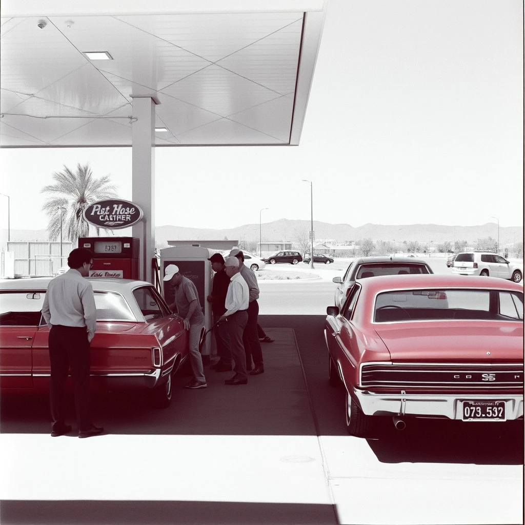 People pumping gas into their cars at a gas station in Arizona in 1971. - Image