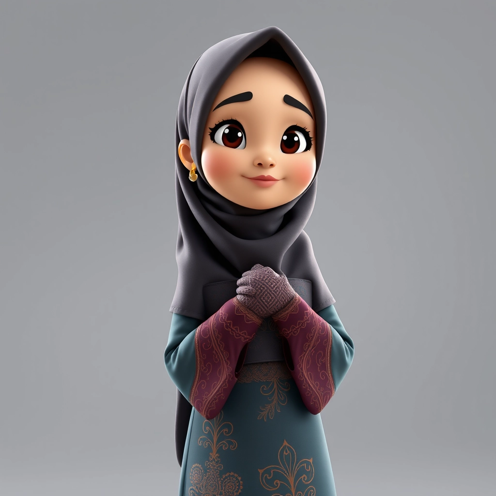 A 3D, 8k animated cartoon depiction of a Muslim woman from Palembang, wearing a traditional long songket and a long gown (gamis). She is adorned with a hijab that covers her chest and wears batik gloves covering her hands. - Image