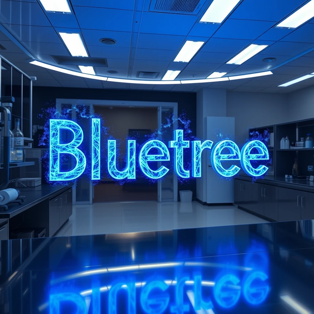 The word "Bluetree" rendered as a holographic projection floating in a high-tech quantum research lab. Each letter, 3 feet tall, is composed of swirling blue particles that mimic the behavior of quantum waves. The text pulsates and shimmers, casting an ethereal blue glow on the surrounding scientific equipment. Sleek, futuristic surfaces reflect the holographic light, creating a sense of depth and dimension. Photographed with a long exposure to capture the movement of the particle effects within the letters.