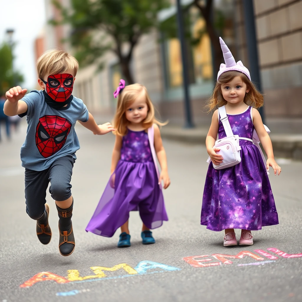 Four-year-old boy with a Spiderman t-shirt. Light brown hair, hazel eyes. He is wearing a Spiderman mask. He is doing parkour tricks. Four-year-old girl with light brown hair. The girl has a long shirtless purple galaxy-themed skirt on. She has hazel-colored eyes. Finnish-looking. She has a small unicorn bag. She has a unicorn cap. She is painting with chalks on the street, rainbow-colored readable text "ALMA EMIL". Photorealistic, high quality.