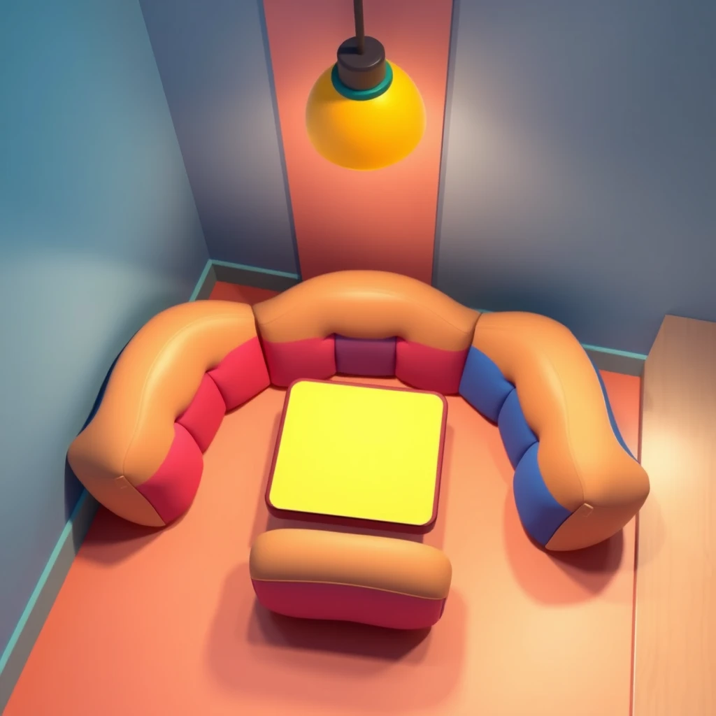 Digital image of a playful and soft padded table, small table, square table, vibrant colors. The overall atmosphere should be fun, light-hearted, and engaging, suitable for a digital game environment, top 45 degree view.