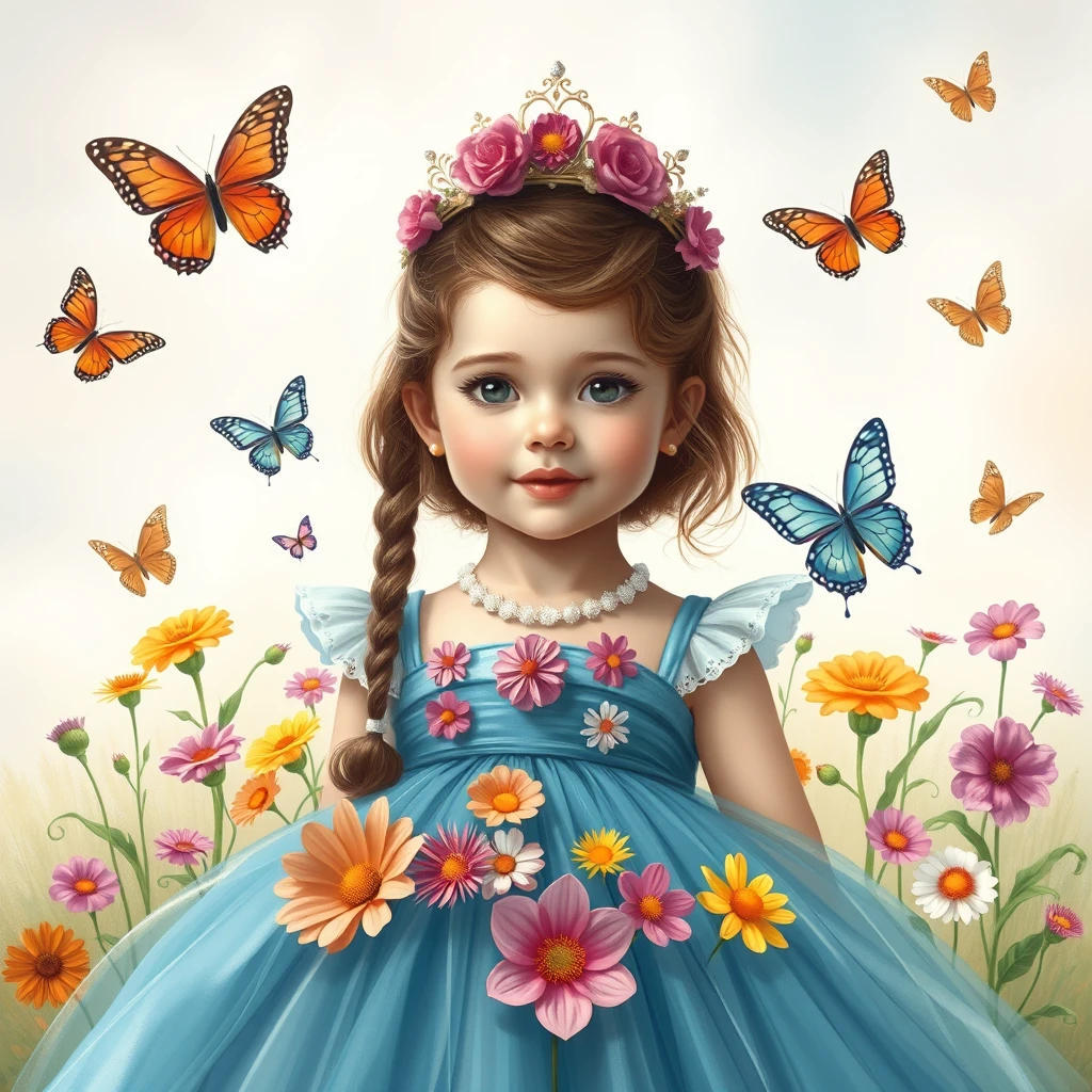 Art photo of a 6-year-old girl, beautiful dress, beautiful flowers, daytime, colorful butterflies, different types of flowers, with a crown on her head.