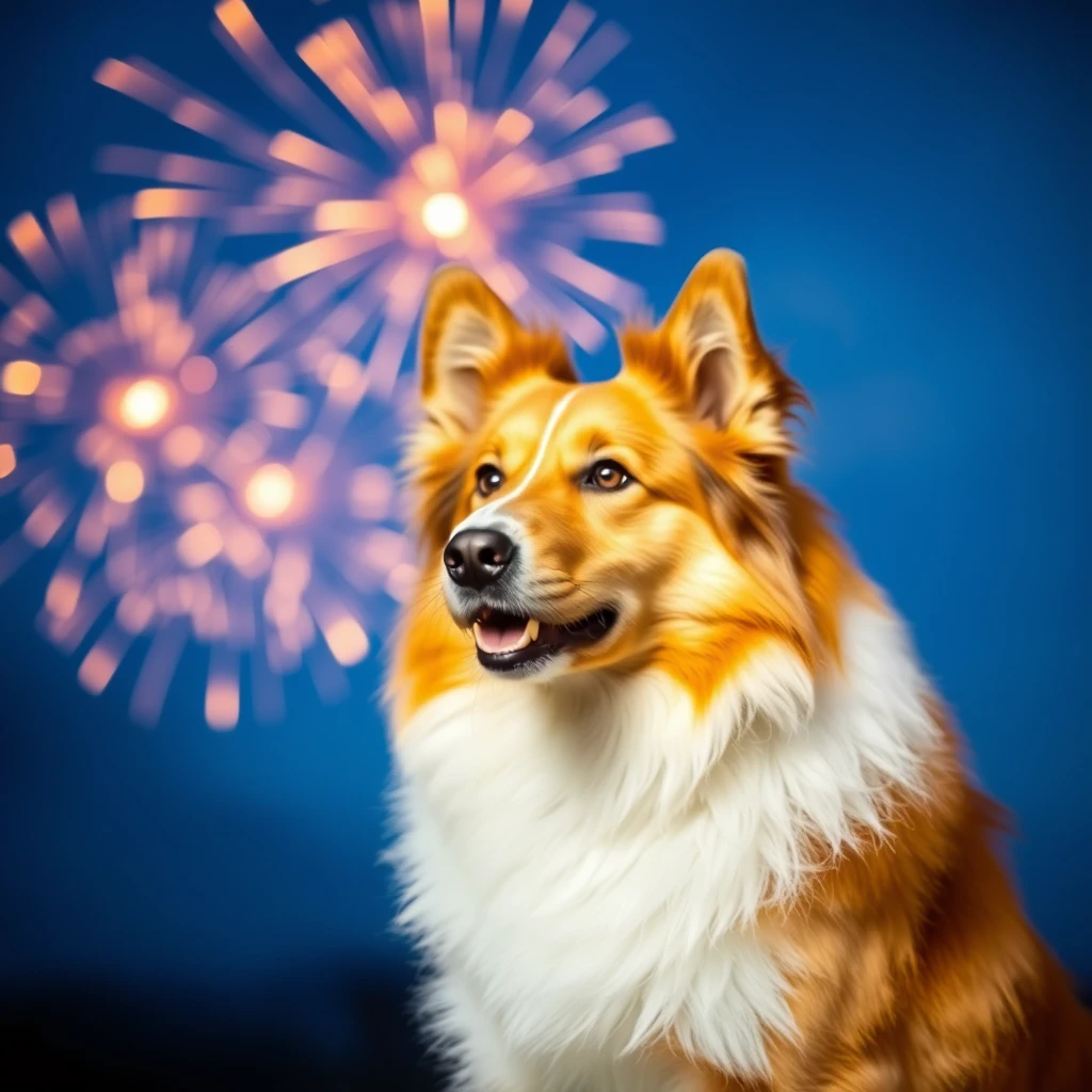 A yellow border collie with fireworks