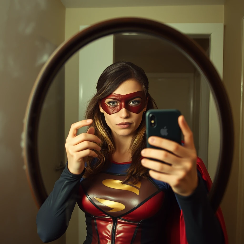 Phone photo: A woman superhero stands in front of a mirror capturing a selfie. The image quality is grainy, with a slight blur softening the details. Her expression is shy while the old iPhone struggles to focus, giving the photo an authentic, unpolished feel. The mirror shows smudges and fingerprints, adding to the raw, everyday atmosphere of the scene.