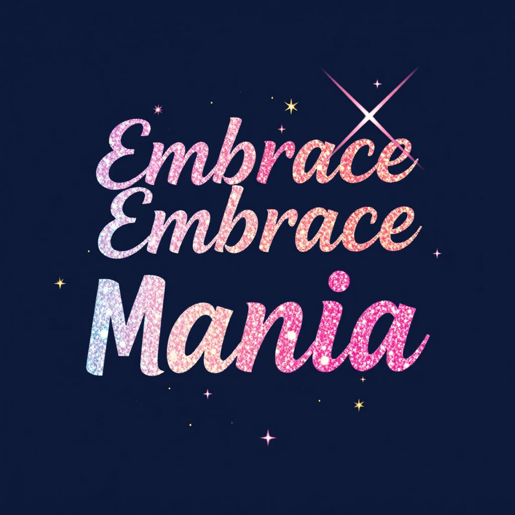 T-shirt design of fantastic vibrant glittery but ethereal text that says "Embrace Mania" - Image