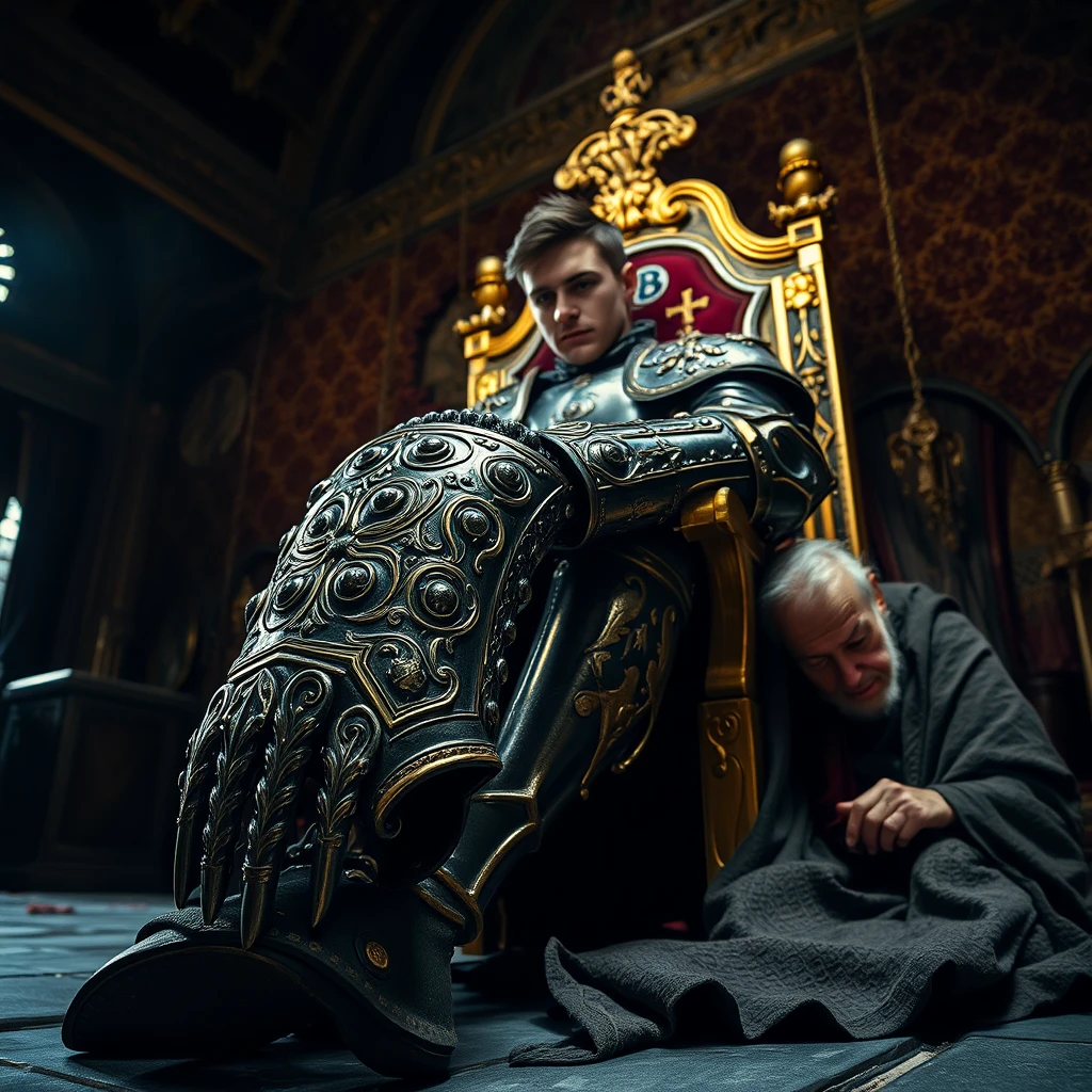 [Scene] A dramatic chiaroscuro illuminates the scene, highlighting the opulence of the medieval throne room with its towering vaulted ceilings and rich tapestries. The perspective is slightly low, emphasizing the imposing figure of the usurper on the throne.  
[Close Up] The usurper's gauntlet, etched with intricate designs, gleams in the light as it rests upon the arm of the golden throne. The deposed king's ragged, once-fine robes pool on the cold stone floor around his trembling knees.  
[Characters] The usurper: A young, strikingly handsome man with a square jaw and piercing blue eyes, clad in heavy, intricately-crafted plate armor that reflects the ambient light. His physique speaks of strength and ruthlessness. The deposed king: An older, gaunt man, his face etched with lines of worry and despair, dressed in tattered remnants of a once-majestic royal robe.  
[Pose of Characters] The usurper sits sprawled upon the throne, one leg casually draped over the armrest, his back straight but relaxed, exuding an air of arrogant confidence. His hand rests upon the ornate pommel of a large sword that lies across his lap, its jeweled hilt catching the light. His gaze is fixed on some distant point, conveying a sense of cold ambition and indifference to the pleading figure at his feet. - Image