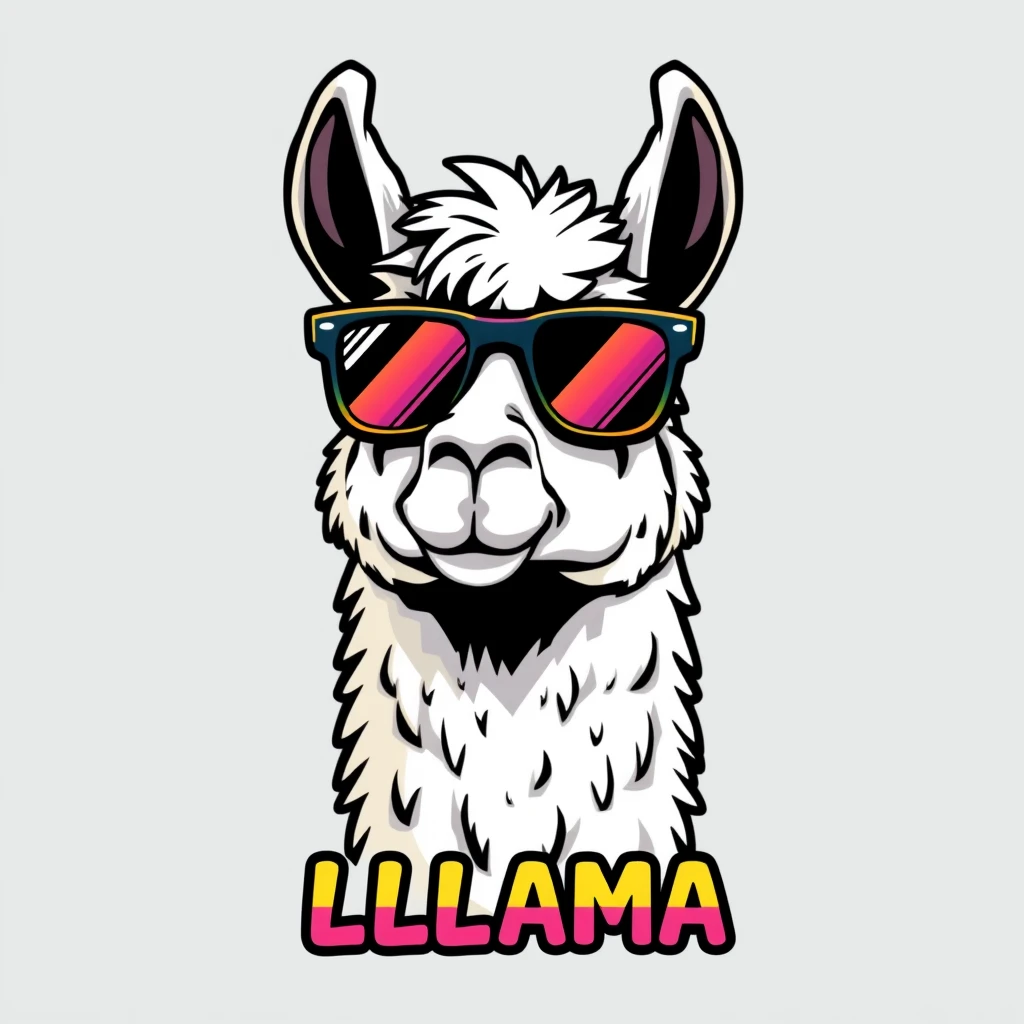 Illustration of a pixelated llama, retro style, looking at the camera, wearing sunglasses, hipster with rainbow colors, with a caption saying "LLAMA," typography, illustration.