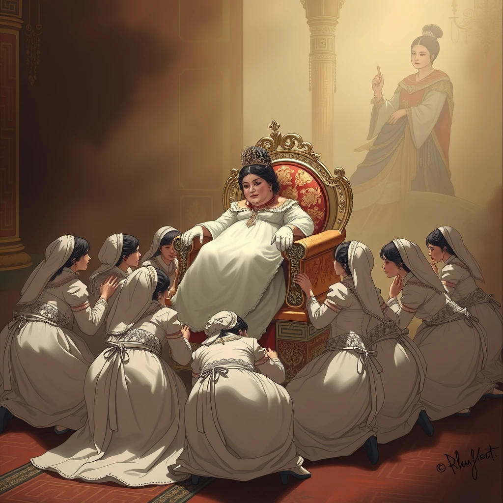 A group of palace maids knelt and crawled, carrying a luxurious throne, with the plump empress resting on it.