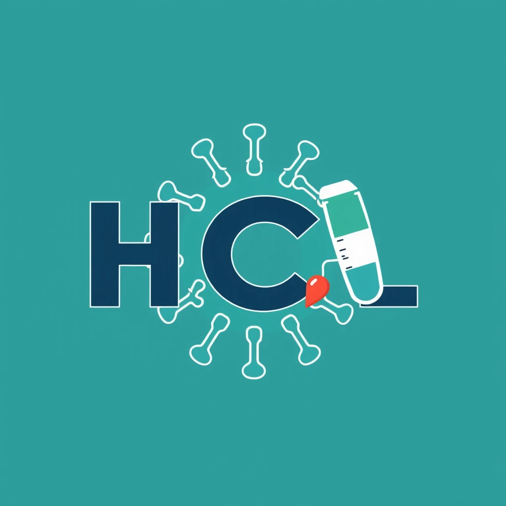 Logo for a microbiological science lab that includes the letters "HCL," turning the C into a virus and the L into a medicine.