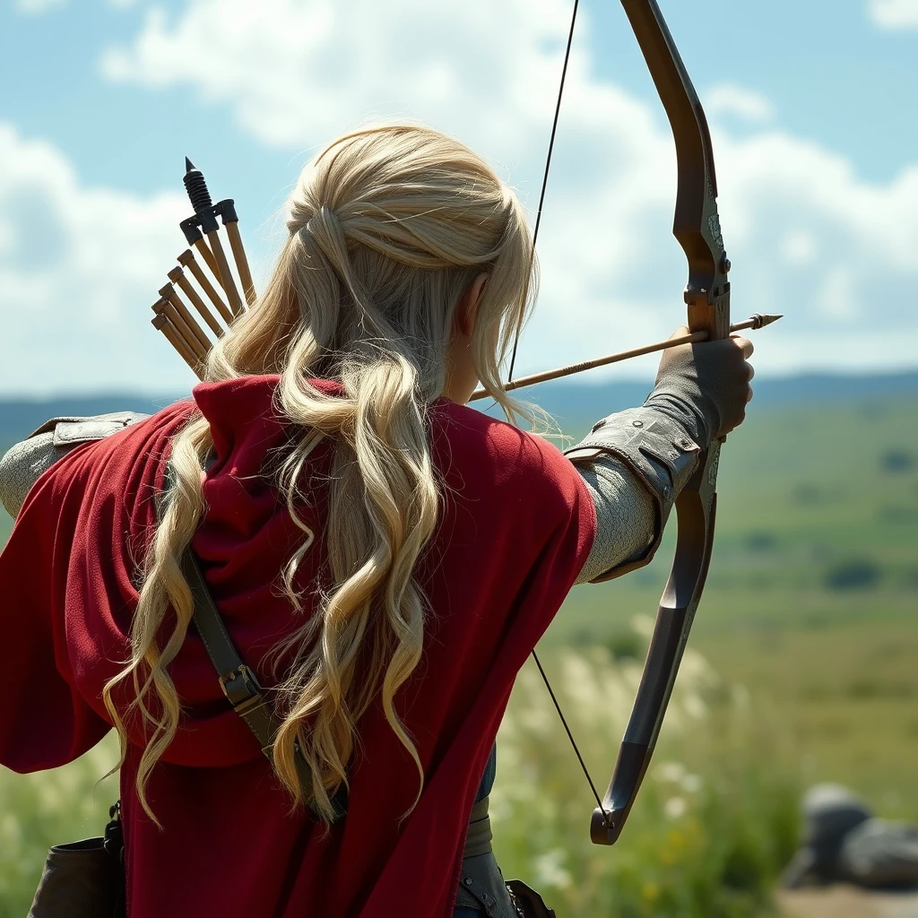 Photo realistic from behind: Blonde fantasy heroine with a red cloak aiming with a longbow into the distance. - Image