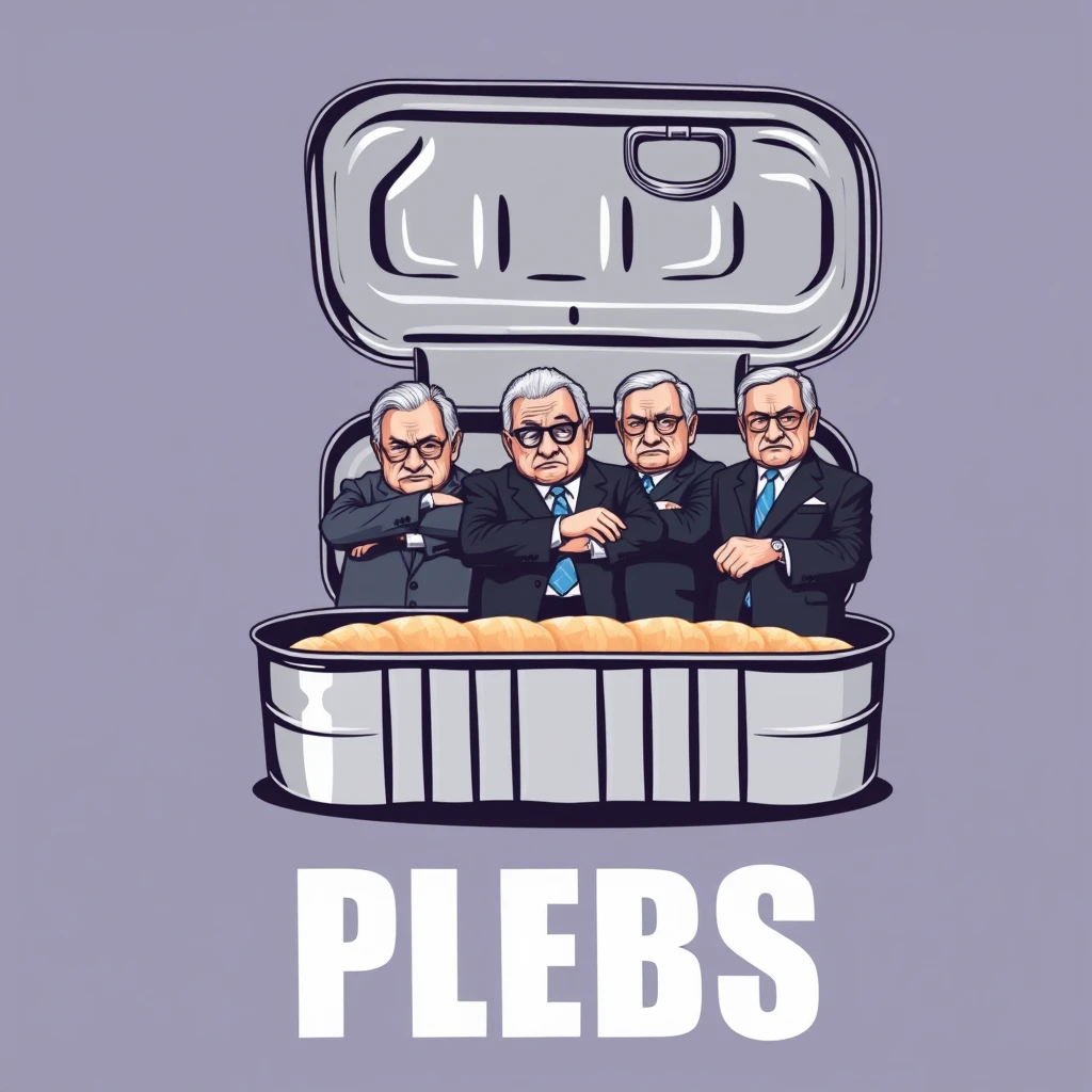 A playful t-shirt design featuring an open sardine can with a twist-off top, showcasing five wealthy older men standing straight up and packed shoulder to shoulder in business suits, scowling, with the text "PLEBS" underneath. View from the front.