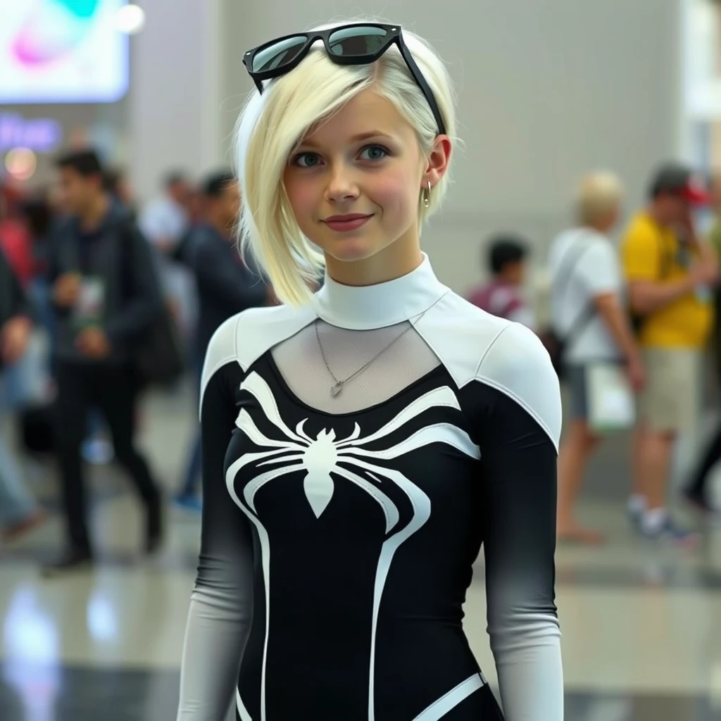 iPhone photo: The perfect Gwen Stacy cosplay. The outfit is tight, black and white, with web patterns. Her white-blonde hair is styled in a short undercut on her left side. The cosplayer is a young egirl, energetic, charismatic, and childlike. She's blushing. The image quality is grainy, with a slight blur softening the details. The cosplay looks extremely realistic, with no wig, no makeup, a real outfit, and a perfect figure. Full-body shot.