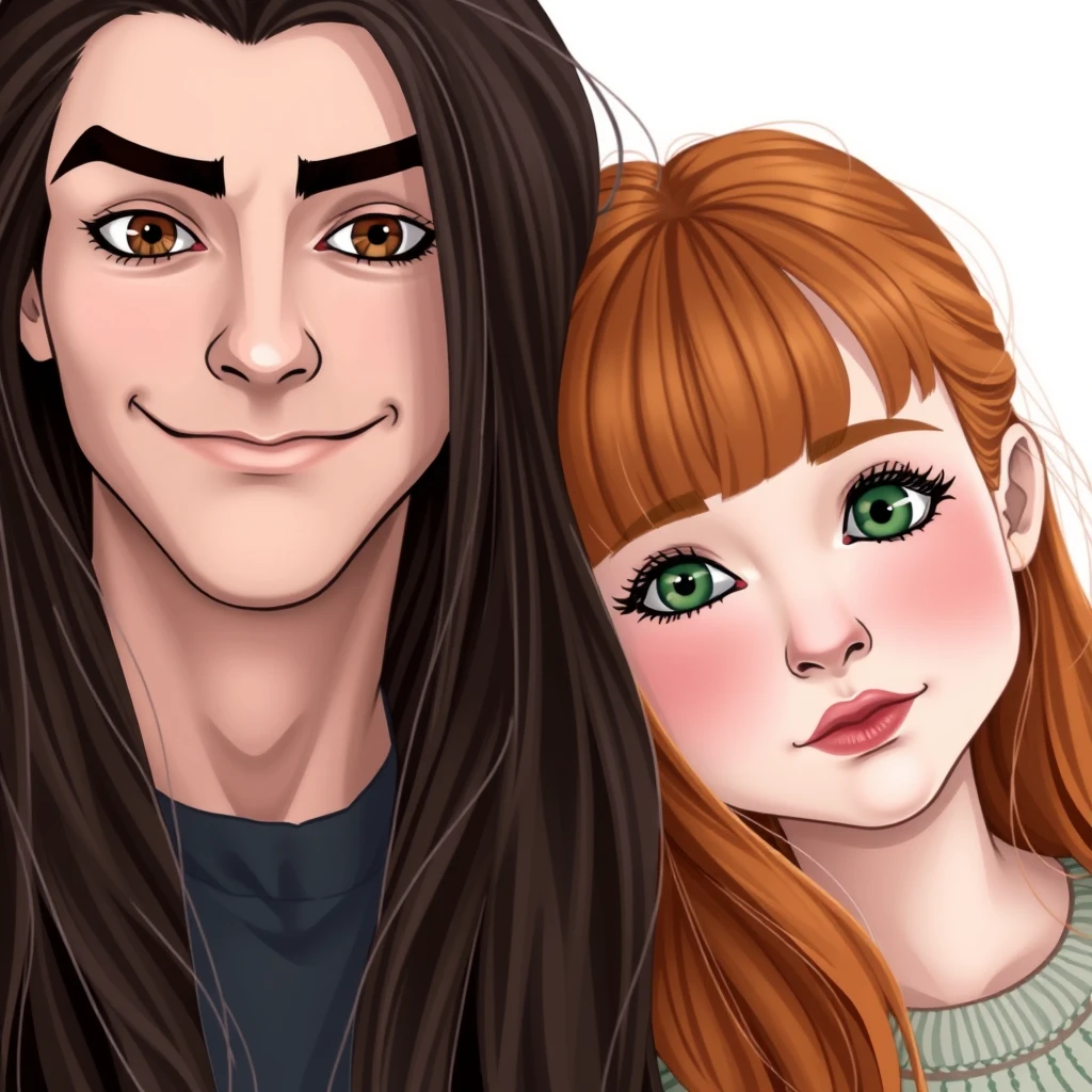 A young man with long dark brown hair parted in the middle, sharp facial features, a smirk, pale skin, light brown eyes, thick eyebrows, and long eyelashes, stands next to a cute white girl with ginger hair. She has a turned-up small nose, pink lips, and green eyes, along with long bangs. - Image