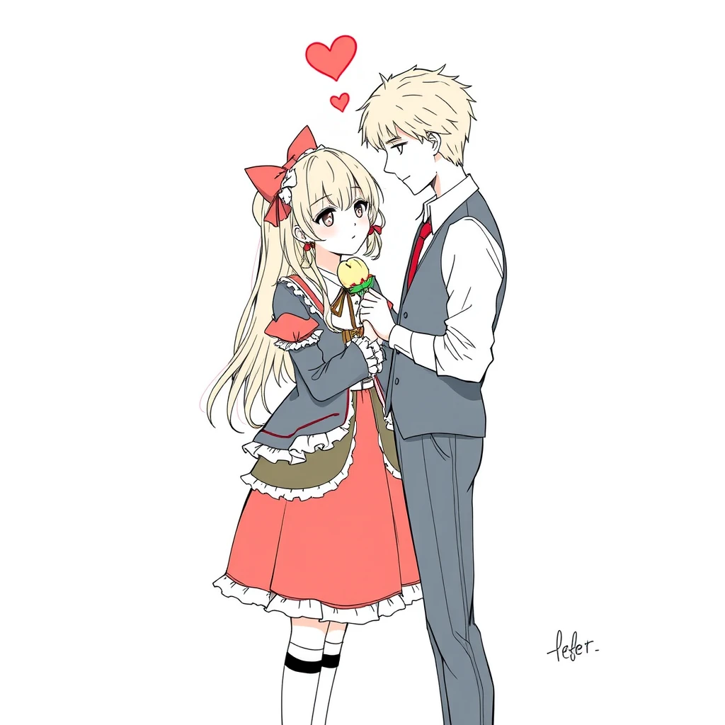 Beautiful girl dressed in Lolita costume and handsome boyfriend are dating, comic line draft. - Image