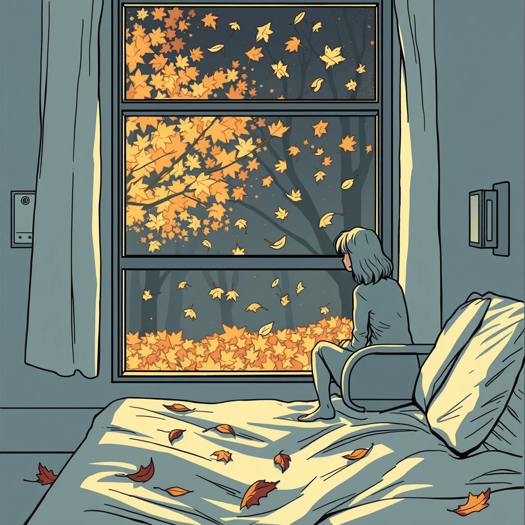 A lonely woman in the hospital looking out of the window at the fallen leaves, a very strong sense of atmosphere. Free composition. comic.