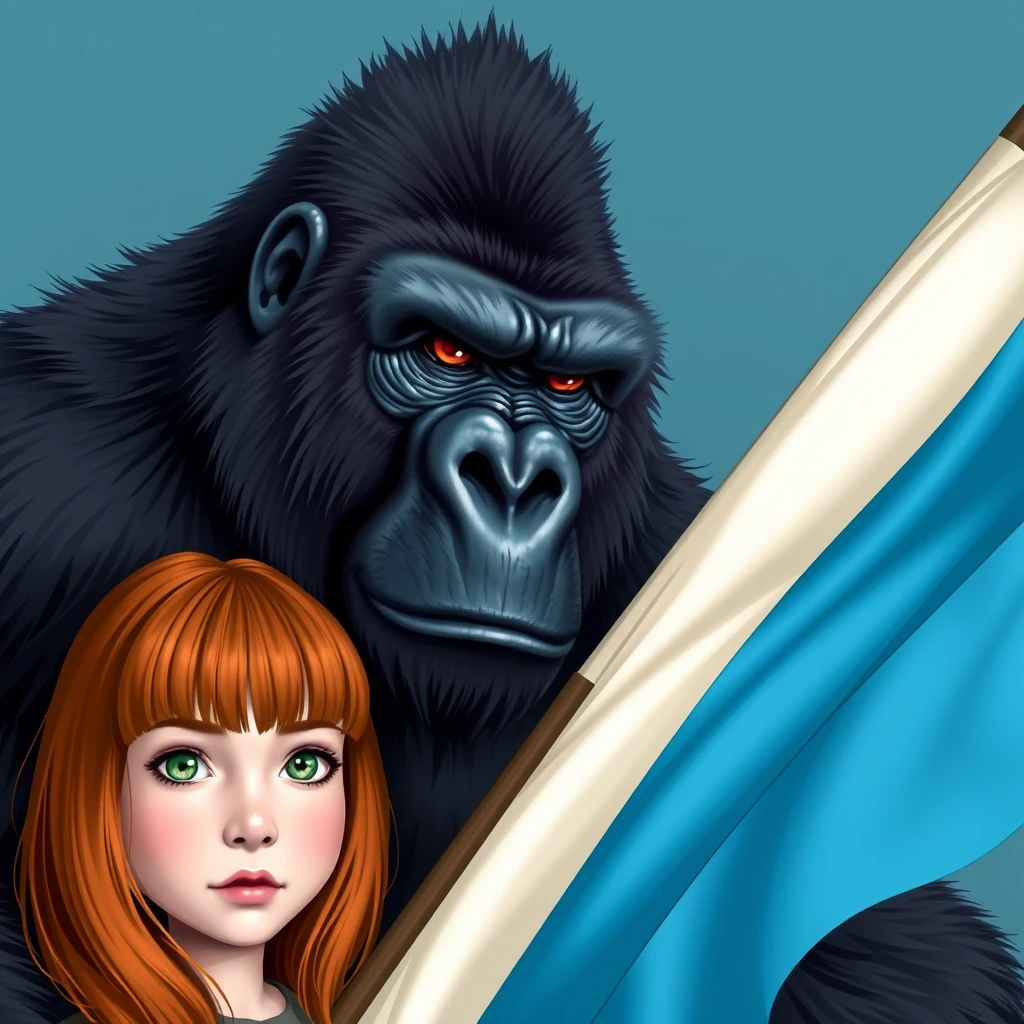 Fierce gorilla holding a flag with three stripes: light blue, white, light blue, next to a cute ginger-haired Russian teenage girl with green eyes and bangs. - Image