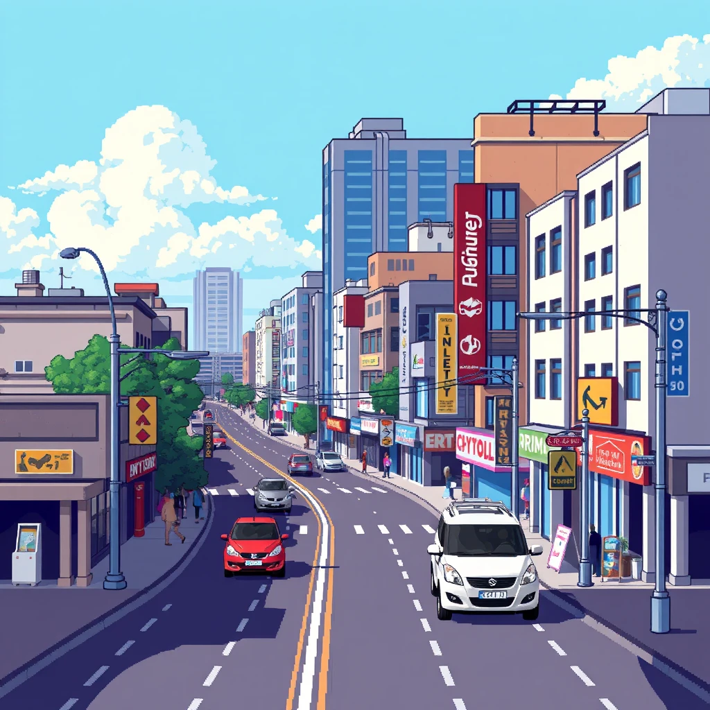 2-bit, pixel art, urban streets, commercial streets, roads, vehicles.