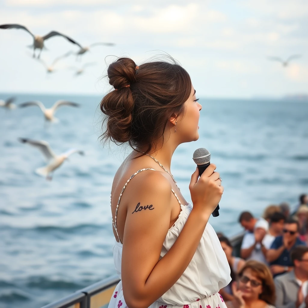 A girl singing by the seaside, with a tattoo of "love" on her arm, seagulls flying on the sea, and a crowd applauding in the bottom right corner, photographed in real life.