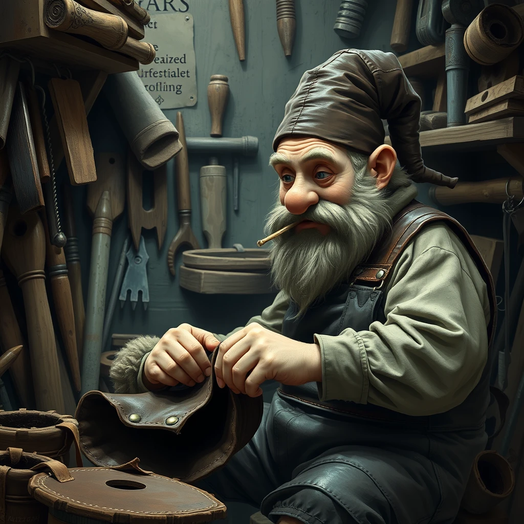 A dwarf with leather overalls sowing two dark brown pieces of leather together in a dingy shop filled with tools while chewing on a toothpick.