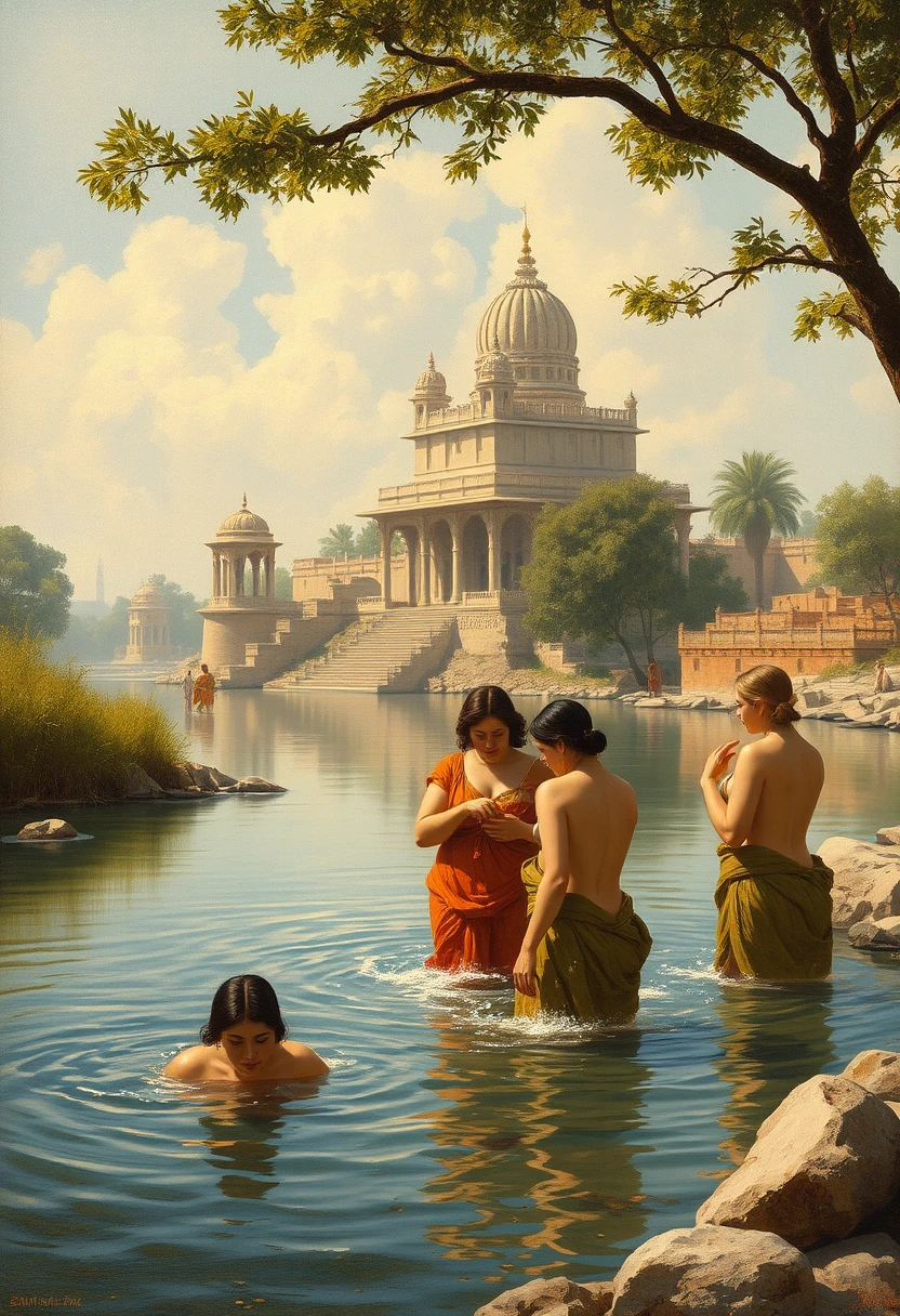 Group of women bathing in river with a temple in background, Art by Edwin Lord Weeks.