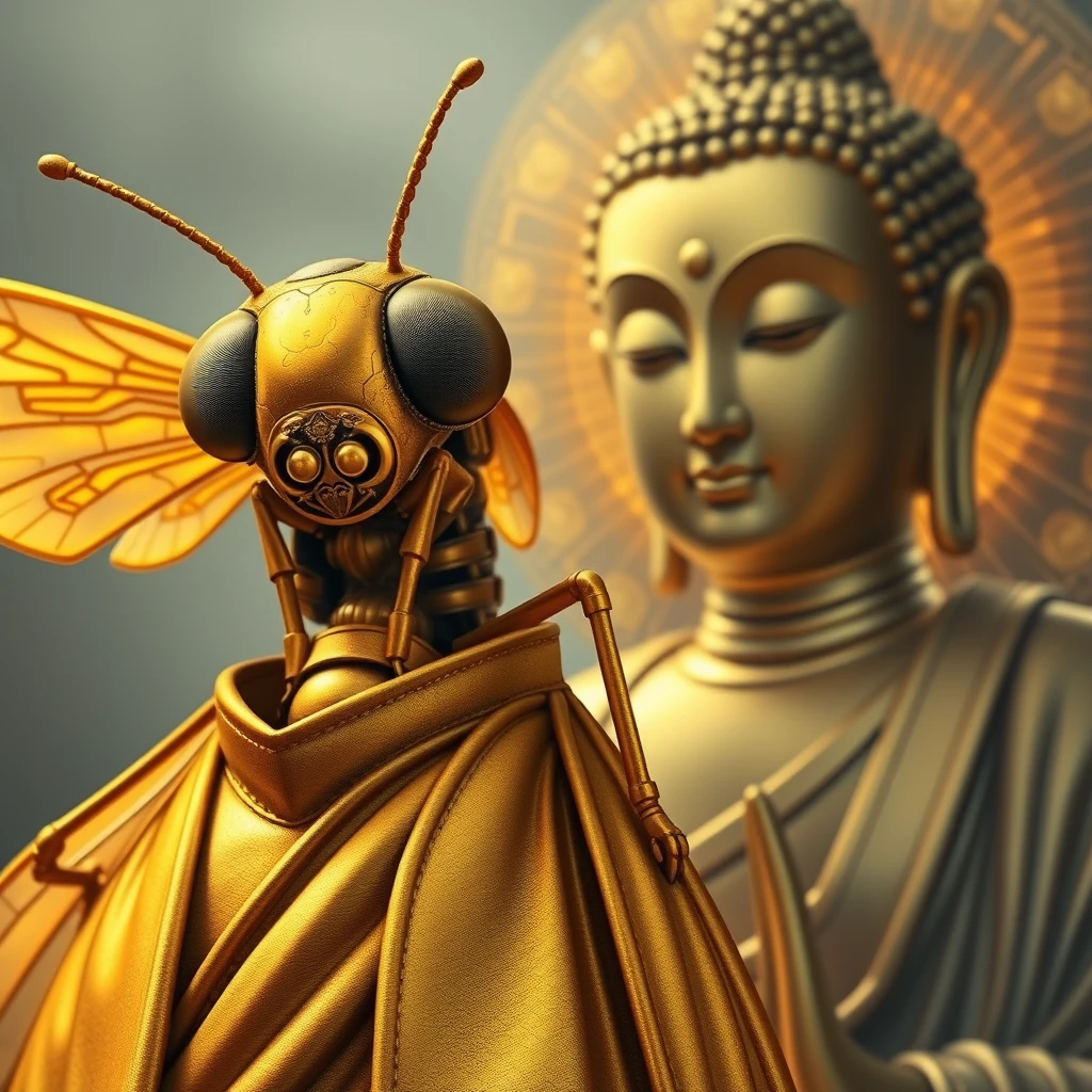 The golden cicada has a refined appearance with clear brows and bright eyes, exuding an air of dignity and serenity. Dressed in a cassock, he radiates the brilliance of Buddhist nature and appears focused. The Buddha, on the other hand, possesses a revered appearance, with a solemn and dignified demeanor, unrivaled in his majesty, surrounded by a shimmering golden light and with profound eyes. - Image