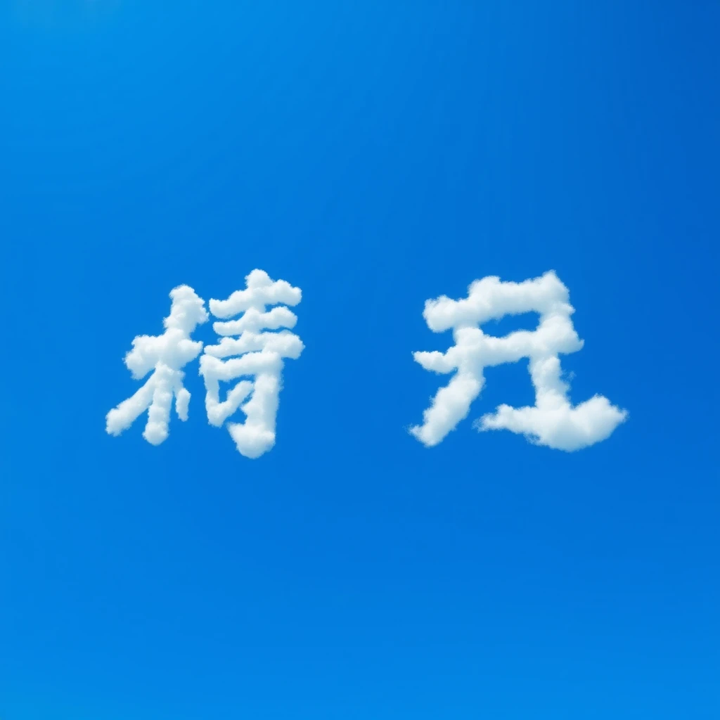 Sky: A vibrant blue sky, the kind of deep cerulean blue that evokes a feeling of vastness and serenity. It's a clear, sunny day with no other visible elements except for the clouds.  
Clouds: Fluffy, white clouds form the four Chinese characters "四川大学" (Sichuan University). Each character is distinct and clearly readable, formed by meticulously shaped clouds. The clouds have a realistic texture, with soft edges and subtle variations in density and opacity.  
Perspective: The perspective is from the ground looking up, giving the impression of gazing up at the sky and seeing the characters written across the heavens.  
Lighting: The sun shines brightly from above, illuminating the clouds and casting subtle shadows that give them depth and dimension.  
Details: Pay attention to the details of the cloud formations, ensuring they accurately represent the shape and stroke order of the Chinese characters. The clouds should appear natural and believable, despite forming specific shapes.  
Overall Style: Photorealistic, capturing the beauty and wonder of a clear blue sky with the unique and awe-inspiring phenomenon of clouds forming Chinese characters. The image should evoke a sense of wonder, peace, and perhaps a touch of the surreal.  
Color Palette: Predominantly blue and white, with the vibrant blue of the sky contrasting beautifully with the pure white of the clouds. The sun's light adds a warm, golden hue to the scene.