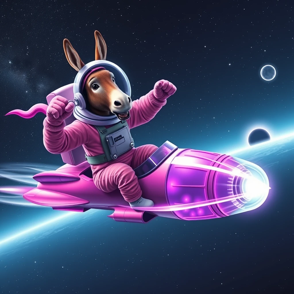 An ambitious donkey wearing pink astronaut costume, riding on a crystal light purple stunning spaceship, making a punching gesture, flying to the outerspace under a clear night sky with lots of shining stars, passing by a huge black-hole. Realistic style.