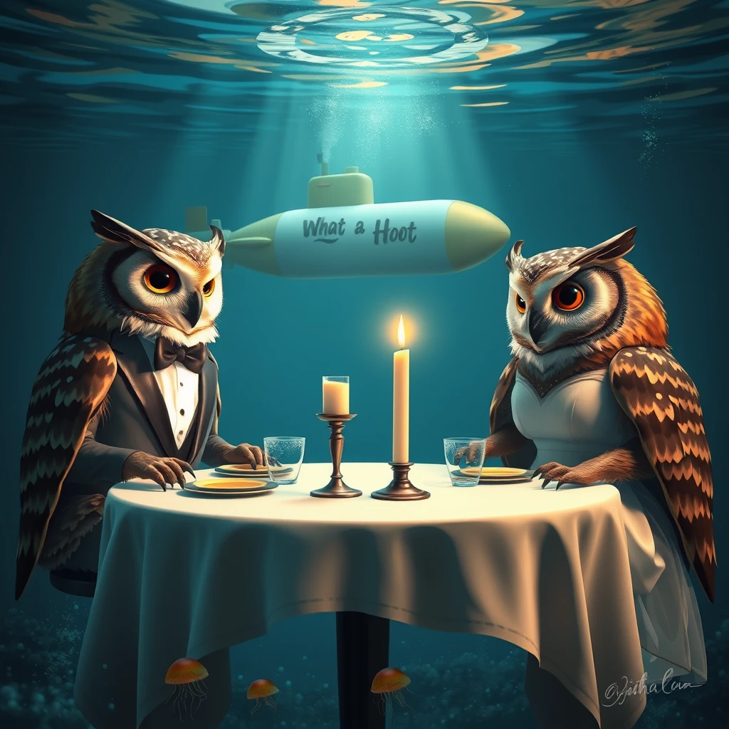 Underwater scene of two owls sitting at a fancy dining table with a lit candle in the center, the two owls are having a lovely dinner together. The left owl is wearing a tuxedo, the right owl is wearing a nice dress. In the background is a submarine passing by with the words “What a Hoot” painted on its side. There are little jellyfish swimming around at the bottom of the image below the table, cinematic beautiful digital artwork. - Image