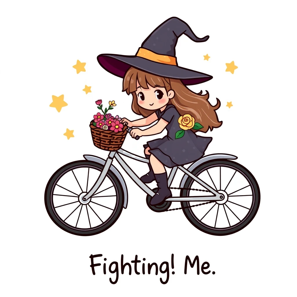 Create a cute little witch riding a bicycle. There were flowers in the basket on the front of her bicycle. And there are stars around her in collage style. Digital art. Isolated on a white background. At the bottom, there are cute letters saying "Fighting! Me.", vector illustration.