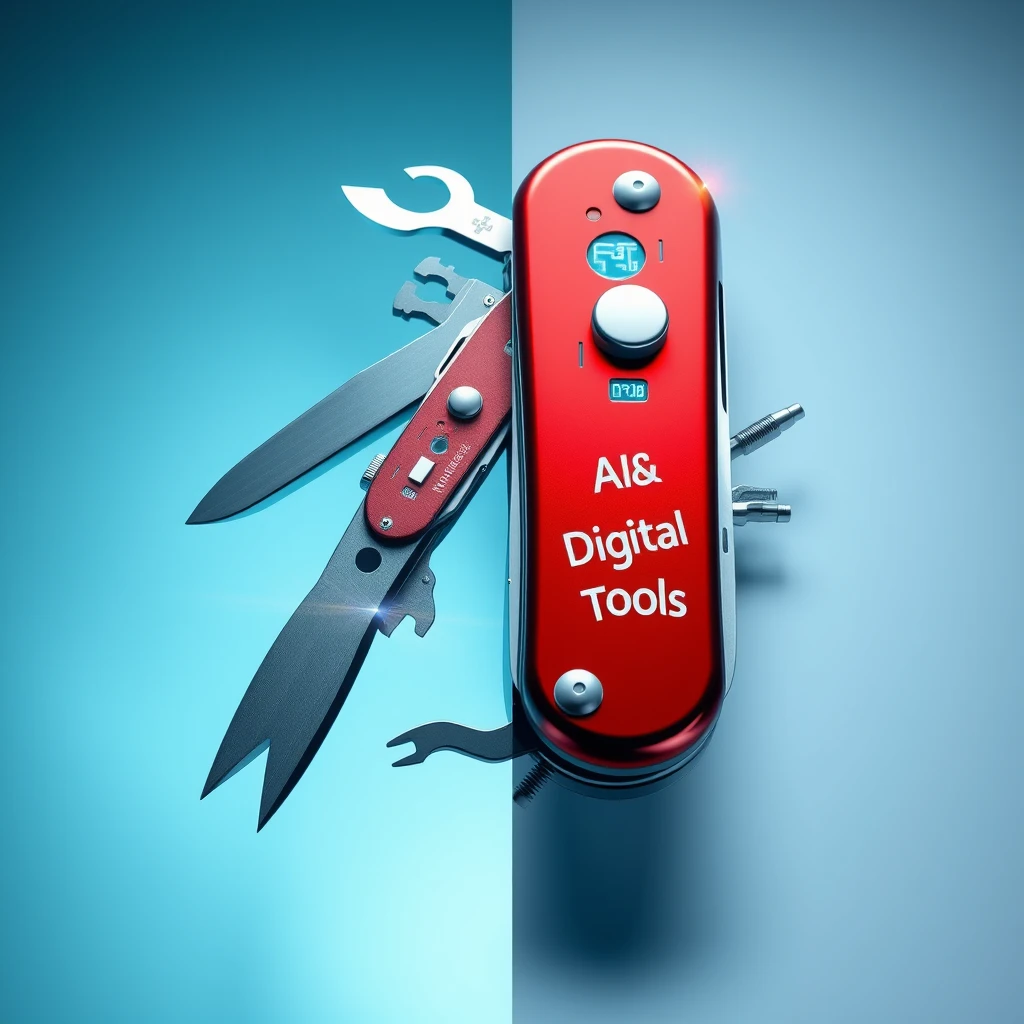 Create a high-quality, professional YouTube thumbnail with a split-screen design. The left half of the output features a photorealistic rendering of an innovative, futuristic Swiss Army knife. Include the screwdriver, mini-hammer, and scalpel, and prominently feature miniature holograms, tiny screens with medical data, microscopic robotic arms, and glowing circuit patterns. The knife should be angled to showcase multiple tools simultaneously, with a glossy metallic red surface reflecting studio lighting. The red surface should have the words "AI & Digital Tools." The background on this side should be a subtle gradient of cool blues and teals, suggesting a high-tech, medical environment. Add a soft drop shadow to the knife to create depth. Incorporate subtle lens flares or light streaks to enhance the high-tech feel and draw attention to key areas of the image. The knife should only take up the left half of the screen. The right half of the output should be a clean, uncluttered space with a subtle vignette effect. This area is reserved for text overlay, so it should be designed to make added text stand out. Use a neutral background color that complements the left side, perhaps a light gray or off-white. The composition should be balanced but dynamic, guiding the viewer's eye from the intriguing knife design to the space where the video title will be placed. Ensure the image has high contrast and vibrant colors to be eye-catching when viewed as a small thumbnail. The style should be sleek, modern, and slightly futuristic, appealing to a professional audience interested in cutting-edge medical education technology. - Image