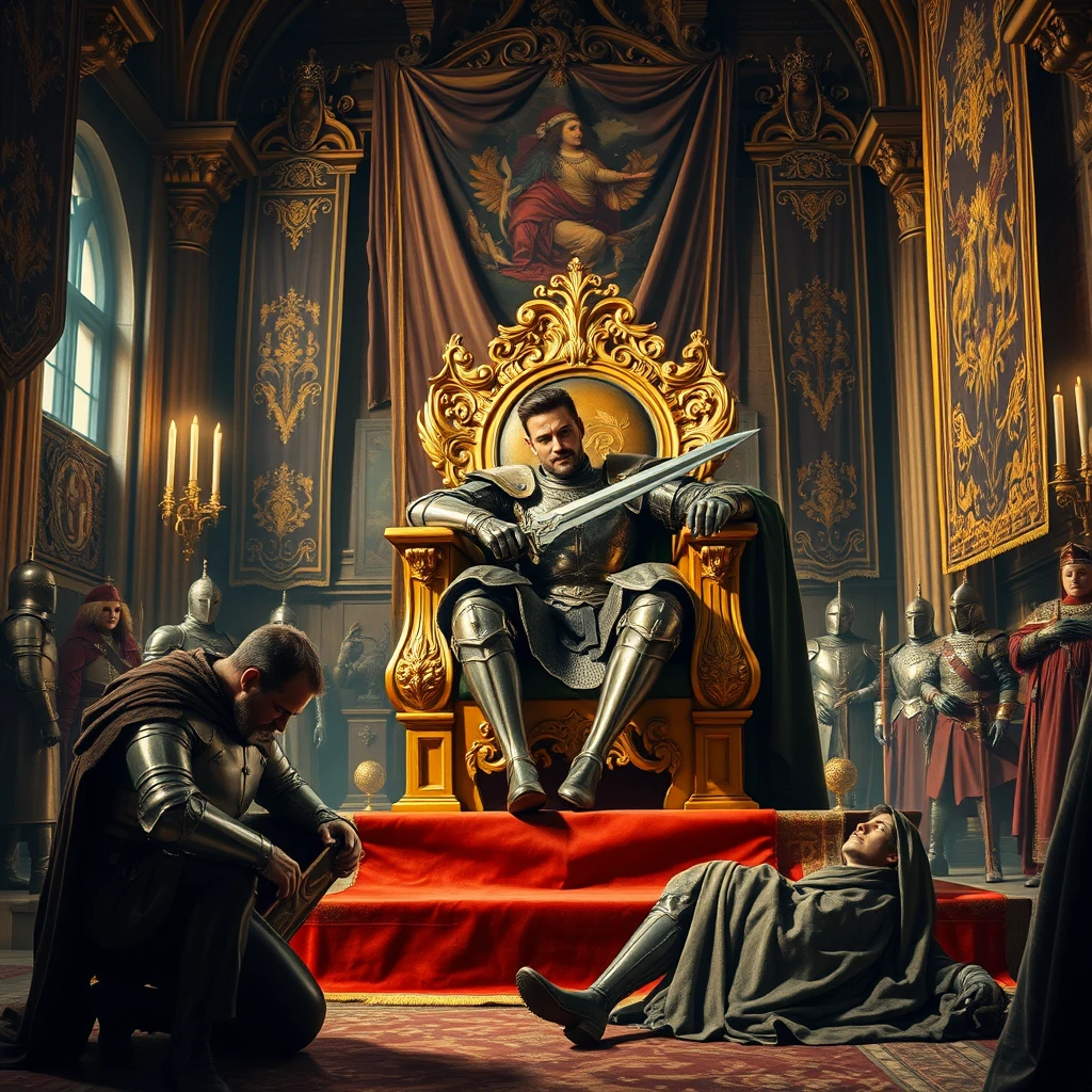 [Scene] A dramatically lit, richly detailed photograph depicting the opulent interior of a medieval European palace. Gleaming suits of armor, intricate tapestries, and banners adorn the hall, culminating in a majestic golden throne positioned on a raised dais.  
[Characters] A handsome, powerfully built usurper in meticulously crafted plate armor, his face bearing the scars of battle yet retaining a rugged handsomeness. He exudes an air of dominance and ruthlessness. The deposed king, a frail, broken figure clad in tattered remnants of his once-regal robes, his face etched with despair.  
[Pose of Characters] The usurper sits sprawled upon the golden throne, one leg casually draped over the armrest, his hand resting upon the pommel of a large, ornate sword. His posture is arrogant and commanding, his head held high with a cold, triumphant gaze. The deposed king kneels abjectly at the foot of the throne, his head bowed low as he presses his lips against the usurper's armored boot in a gesture of forced submission. - Image