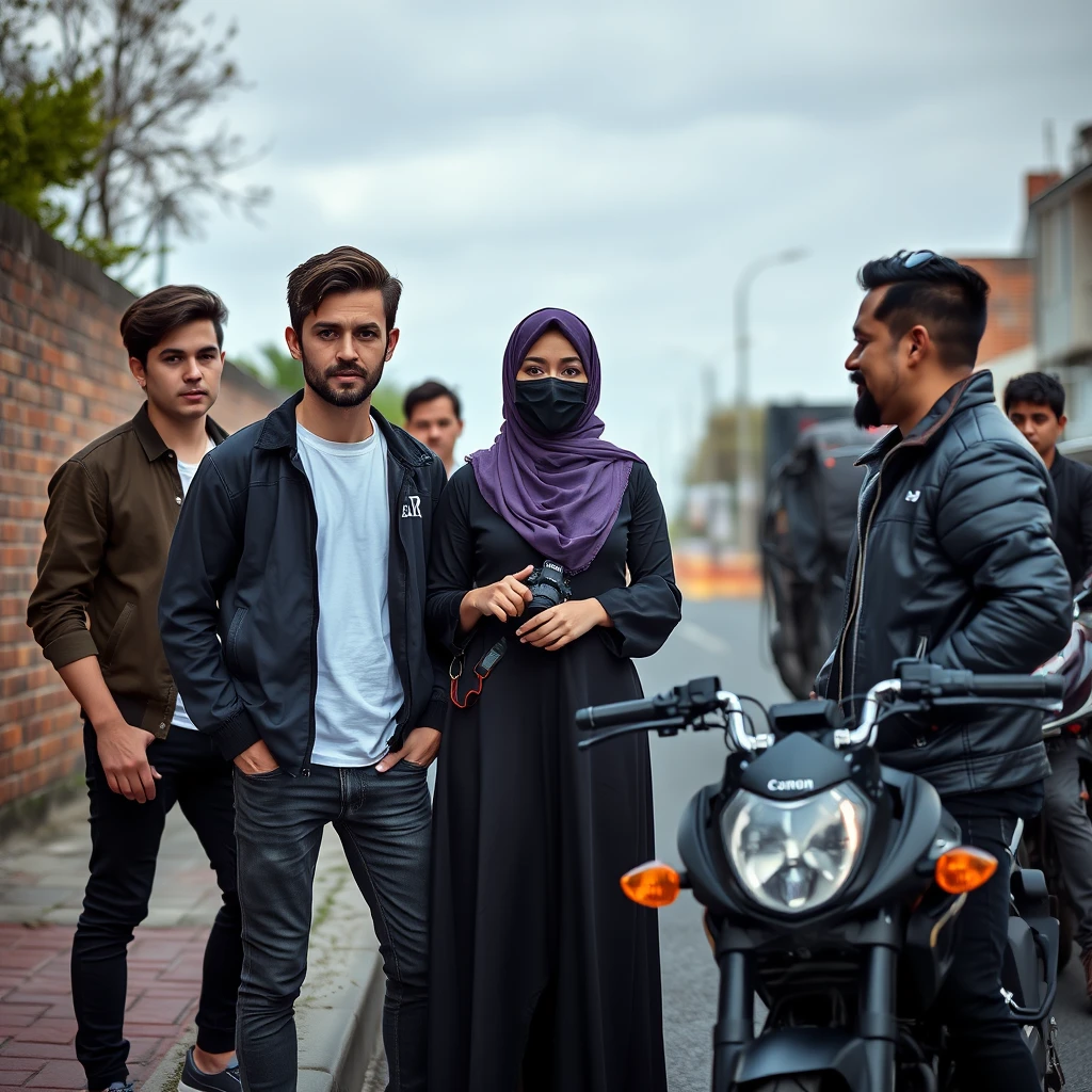 Jamie Dornan and Freddie Prinze, head and body shot, handsome, young, serious face, dark brown hair, white T-shirt, college jacket, skinny jeans, sneakers, standing, discussing with two guys and a Muslim girl wearing a short purple hijab, beautiful eyes, black face mask, black leather jacket, longest black leather skirt, holding a Canon DSLR camera, near a town road, superbike, hyper-realistic, street photography, brick wall, full body photo, three other random friends in the back. - Image