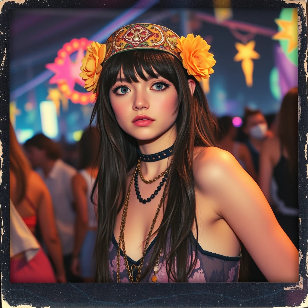 concept art, old retro photo of a hippie anime girl at a music rave festival, hippie, psychedelic trippy festival, music scene, psychedelic decorations and colors polaroid photo, - Image