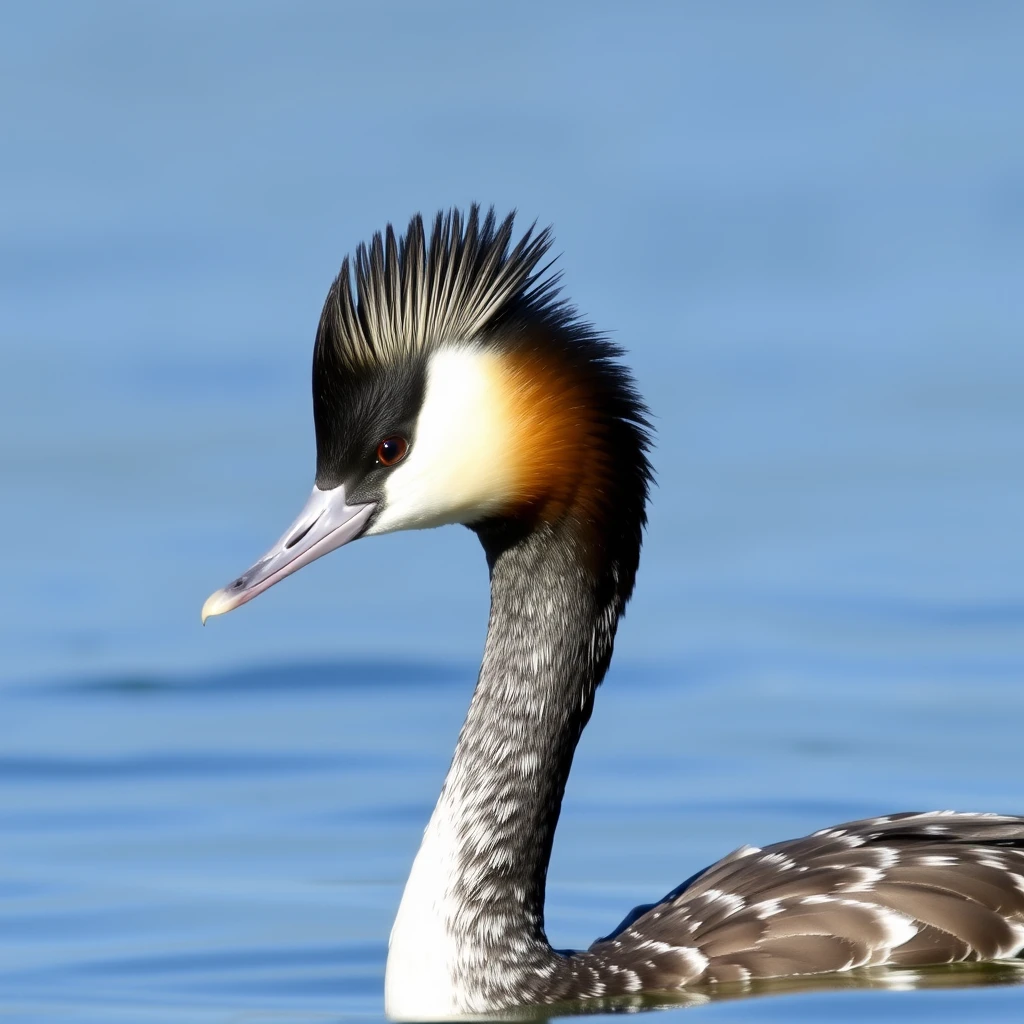 A great crested grebe (Podiceps cristatus). The crest feathers are black. - Image