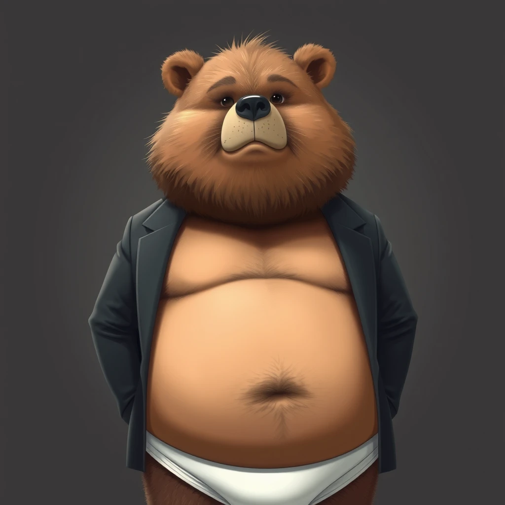 A chubby hairy bear in a suit, handsome but in a white brief underwear. Realistic.  - Image