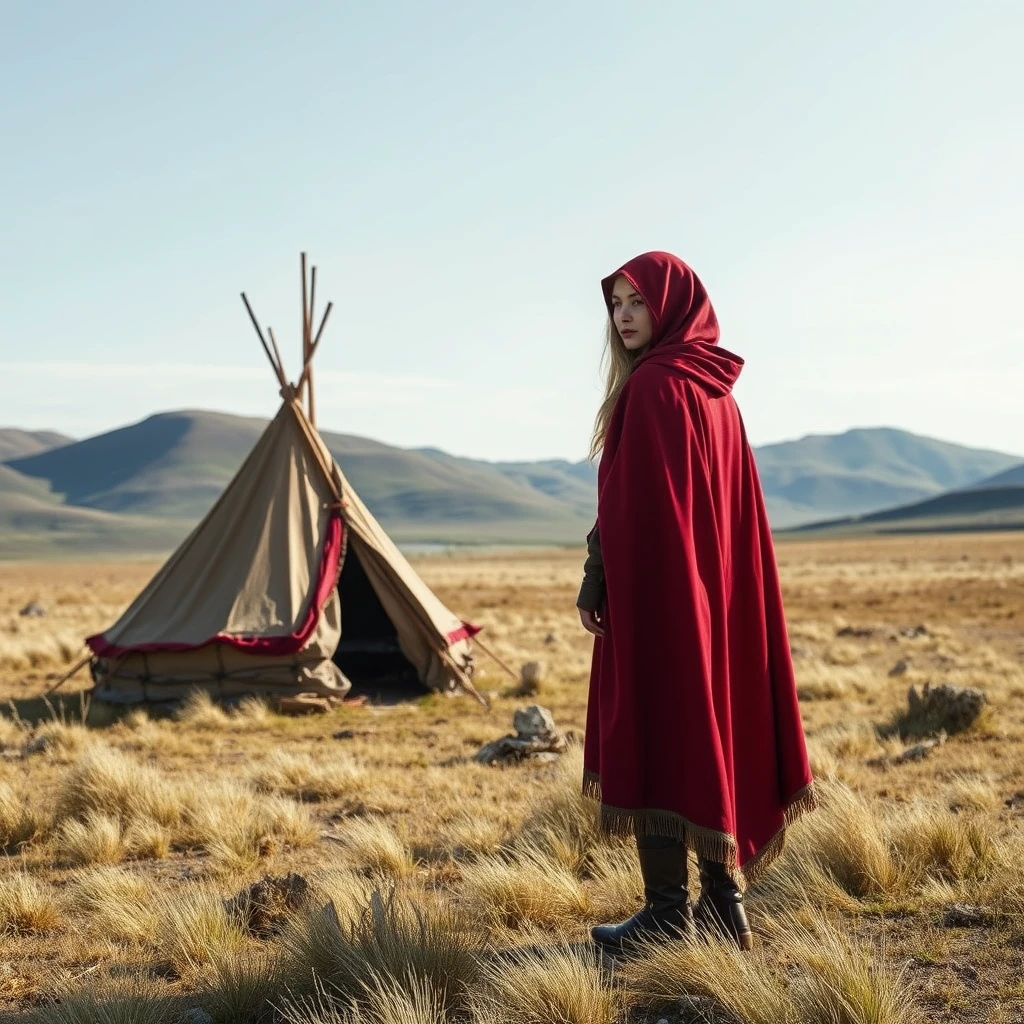 Total Photo: Fantasy heroine in a red cape without a hood next to a small tent in the steppe, hills in the background.