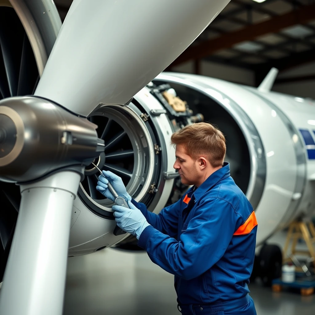 Technician repairing the airplane engine - Image