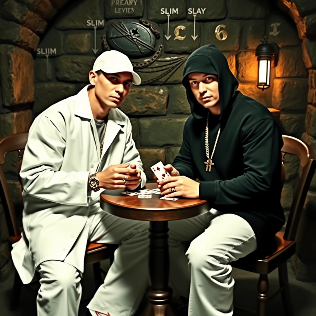 Slim Shady and Eminem are playing a game of cards. The setting takes place in a dungeon. They are dressed in classic fashion. Slim Shady is seen wearing all white, and Eminem is dressed in all black. They are vibing with each other and the camaraderie is strong and positive.