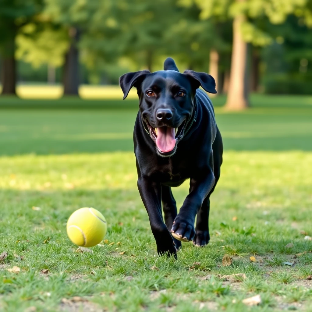 A black lab runs after a tennis ball at the park.