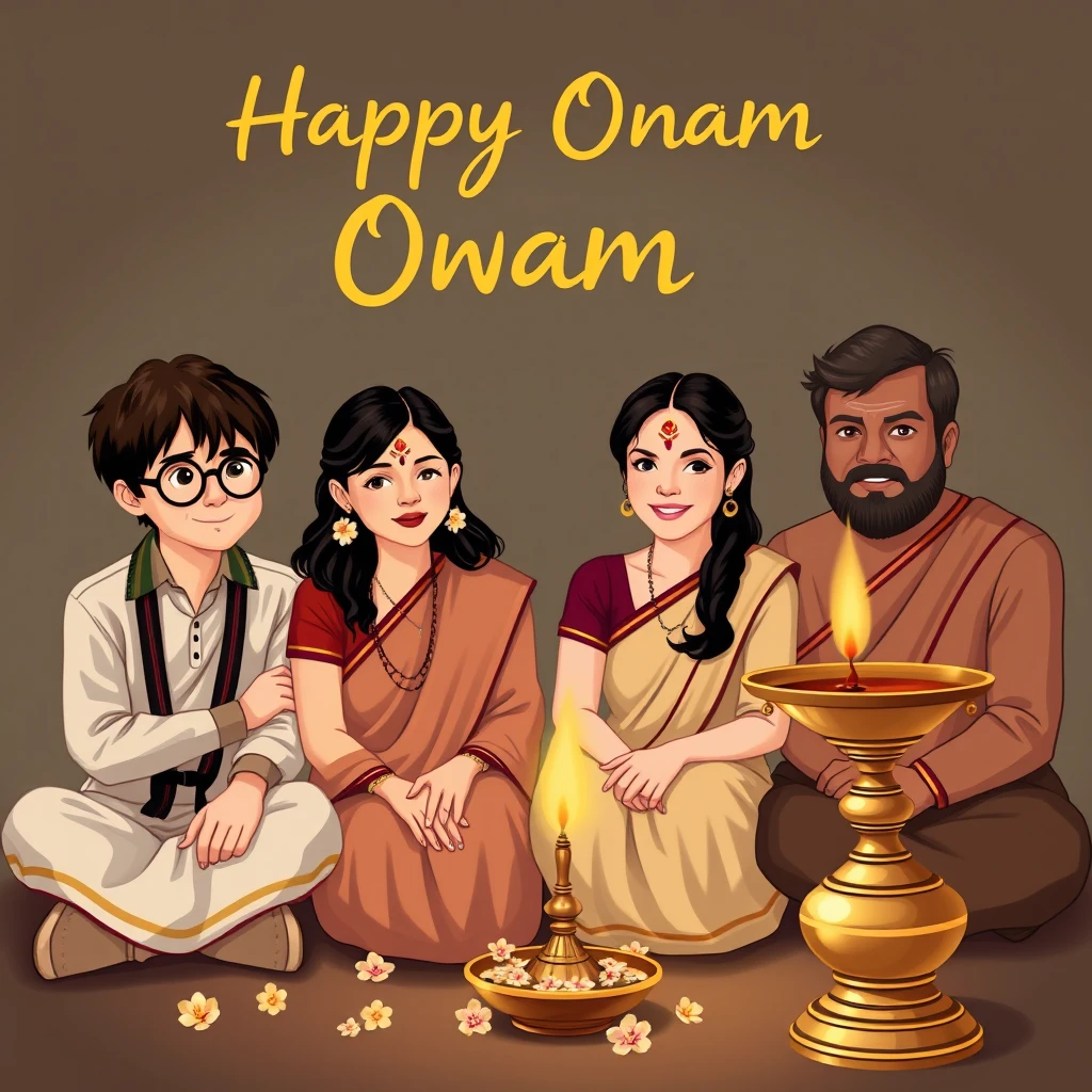 Harry, Hermione, Ginny, and Ron in minimalistic Keralite attire and bindi, wishing Onam with delicate flowers and sitting next to a traditional, tall brass lamp with wick and oil, from Kerala.