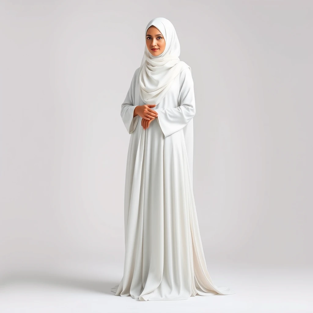 "Generate an image of a Muslim Arabic woman wearing a white niqab and a long, flowing gown. The niqab should cover her face while the gown should be elegant and modest, reflecting traditional Islamic attire. The background should be neutral or softly textured to ensure the focus remains on the woman and her attire. The lighting should be soft and even to highlight the details of the niqab and gown."