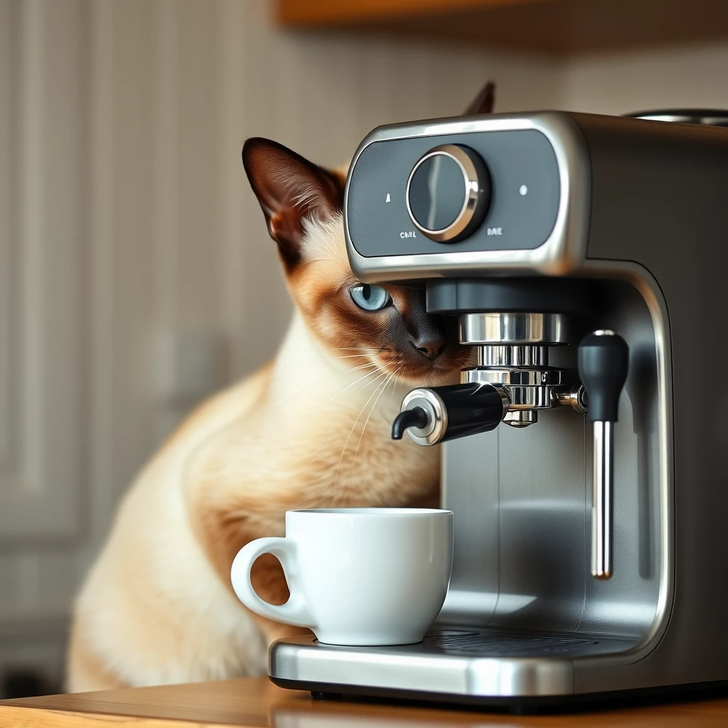 A siamese cat is making coffee using a Espresso machine