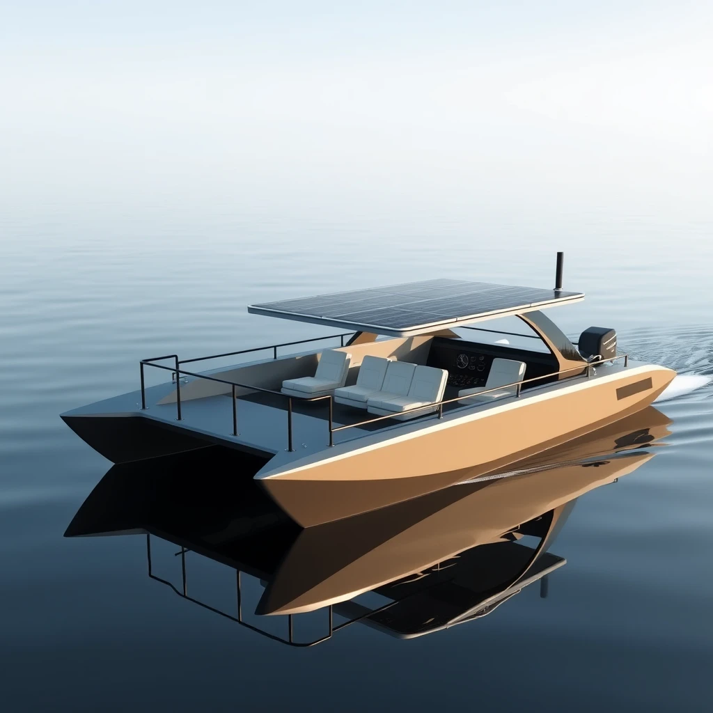 Smart Indian styled design of an open hydrodynamic, 5 meter short Catamaran boat with 6 seats, with adequate safety rails, in a calm lake in Kashmir, the platform powered by batteries and thruster pods, with joystick controls on the dashboard, carrying a foldable hard roof with the solar panels over it. - Image