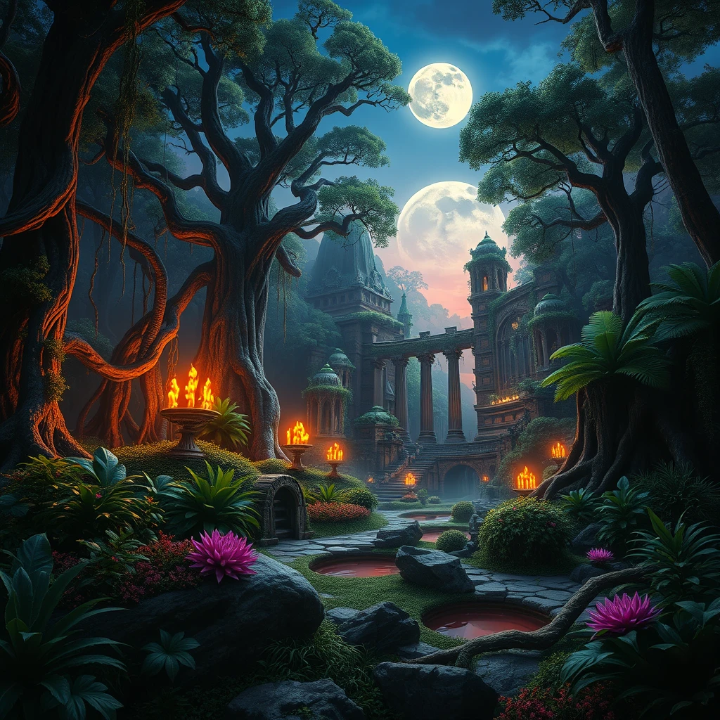 Vibrant color, The Darkroot Garden is a lush but perilous realm, where nature has reclaimed the ruins of an ancient civilization. Giant trees and mysterious creatures guard its secrets, and the moonlit sapphire sky bathes the forest in an ethereal glow. Inspired by dark fantasy, featuring sinister religious motifs in a gritty, oil painting style, evoking a sense of mystery and foreboding with deep, dark hues, god rays, surreal images, unreal engine 5, higher resolution textures, 4k graphic resolution, photorealistic, HD32k, colorful, beautiful scenery, reflection, vivid colors, midjourneylora, fire and smoke, beautiful view.