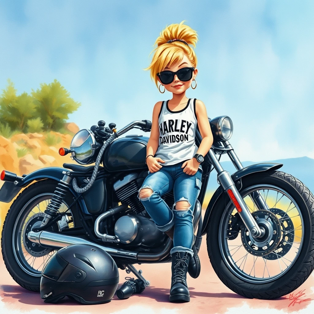 hyper detailed soft pastel watercolors alcohol ink of a whimsical little sweet blonde leaning up against her black motorcycle, wearing blue ripped jeans and a Harley Davidson white tank top, black riding boots, hair in a messy bun blonde in color, black sunglasses, has a little attitude and her black motorcycle helmet is on the ground beside her black motorcycle, soft scenery background, textured painterly on canvas, animated movie image, 3D, HD. - Image