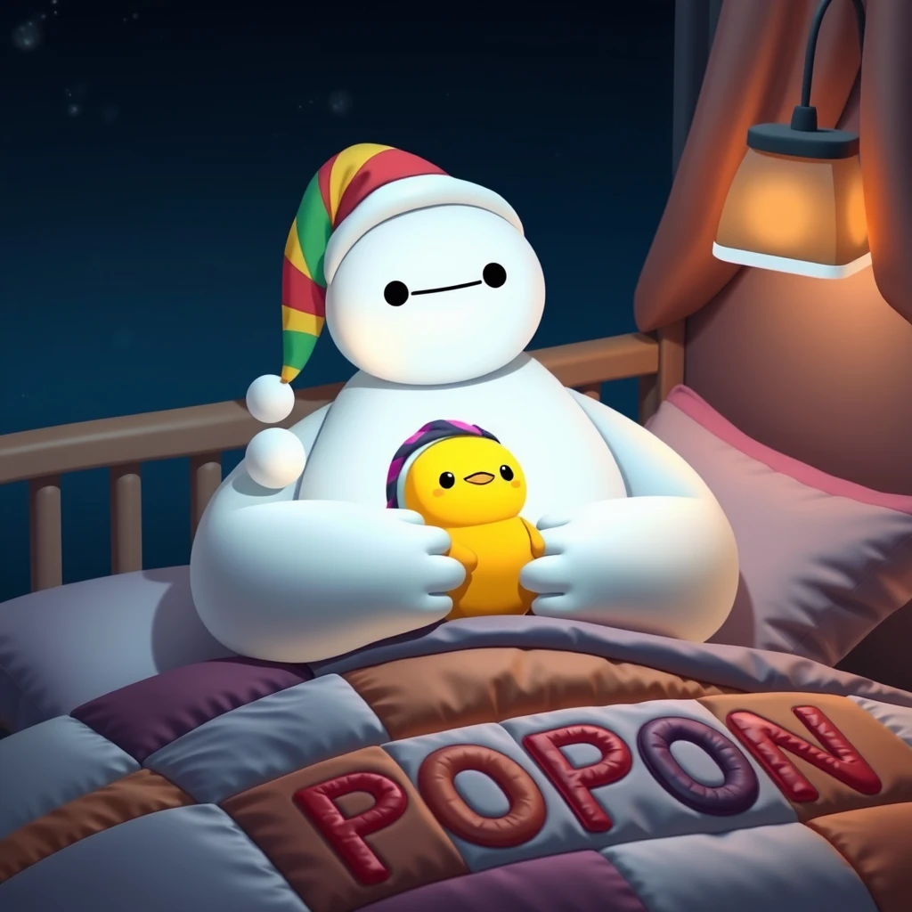 Baymax at night with a colorful nightcap, holding a cute yellow kawaii hatchling with a nightcap in the biggest fantastic cute kawaii bed in the world with the word POPON sewn on the patchwork padding.