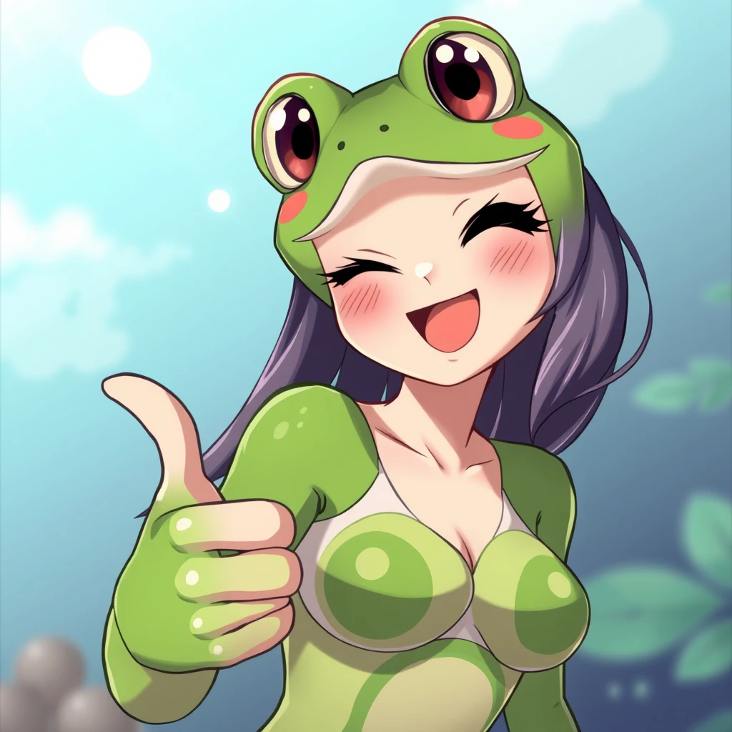 A beautiful frog woman, happy and bubbly, winking and giving the thumbs up in an anime style, full of energy and spunk. - Image