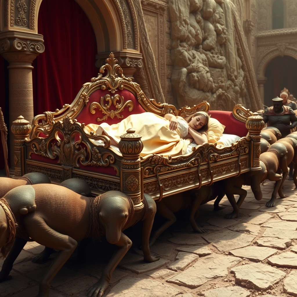 A group of female slaves crawled on all fours like dogs, carrying a luxurious large bed, while the queen lay on it resting. - Image